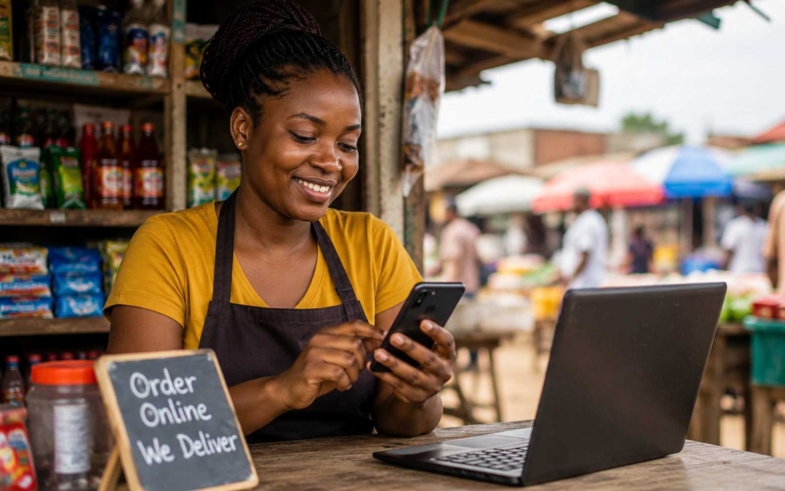 Vendor using a phone to manage an online shop