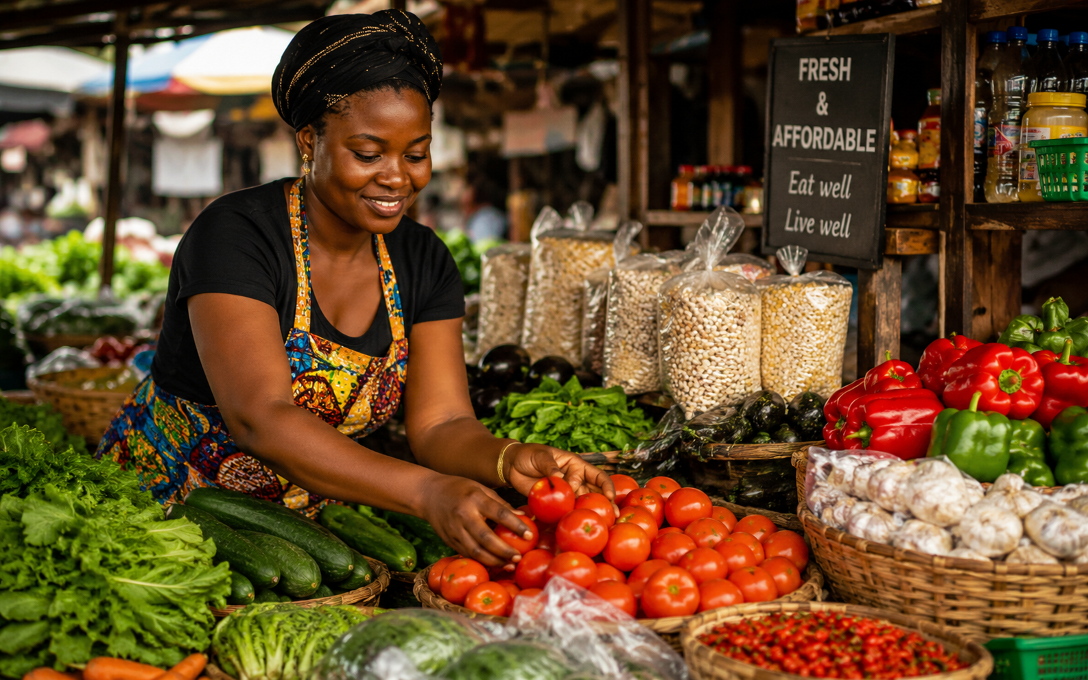 Vendor arranging colorful market goods